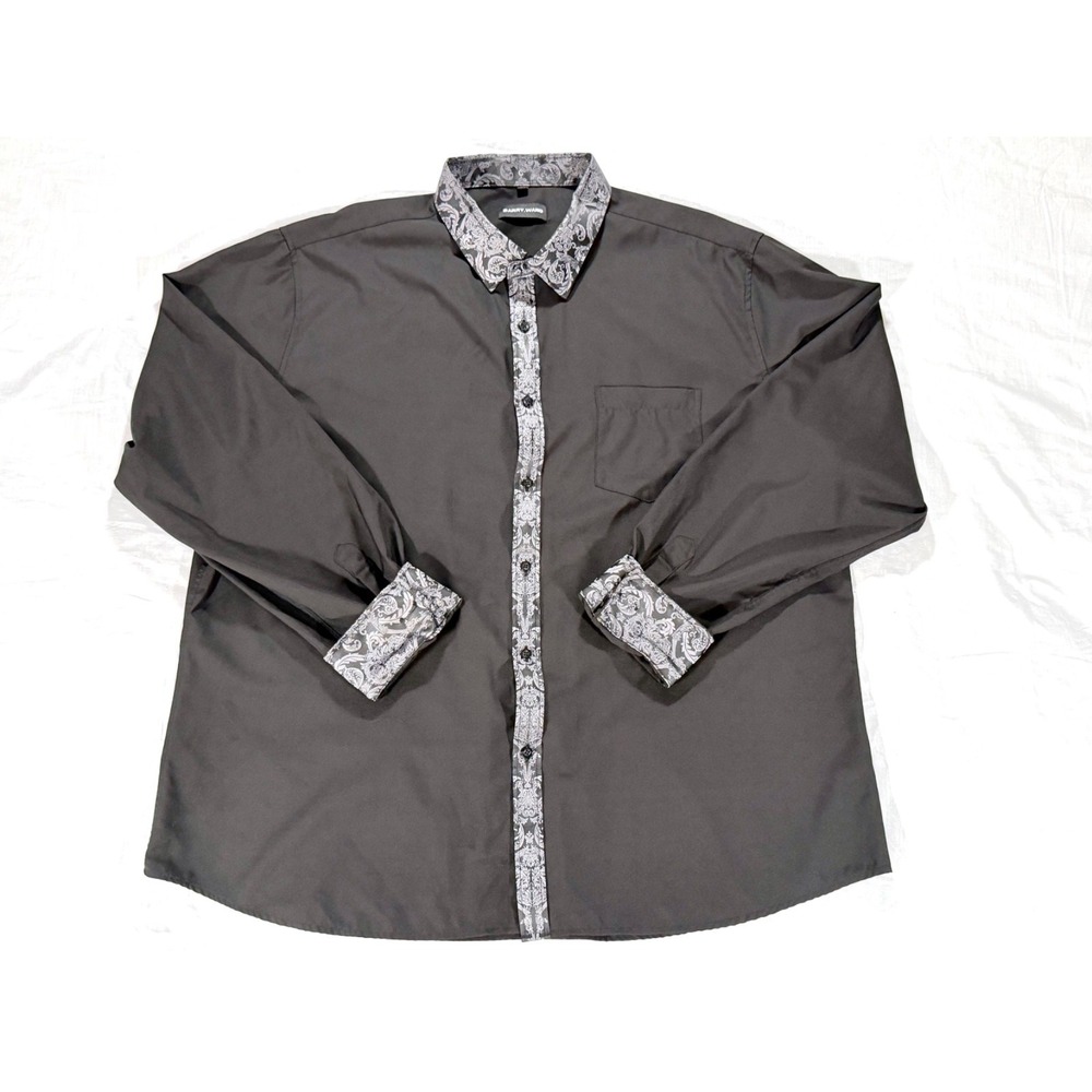 Barry Wang Mens Black Button Down Shirt Paisley Contrast Collar Cuffs Size 2XL